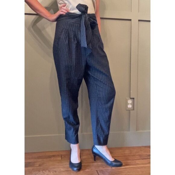 Anthropologie Pinstripe High Rise Tie Waist Tapered Pants Size 6 - Picture 2 of 12